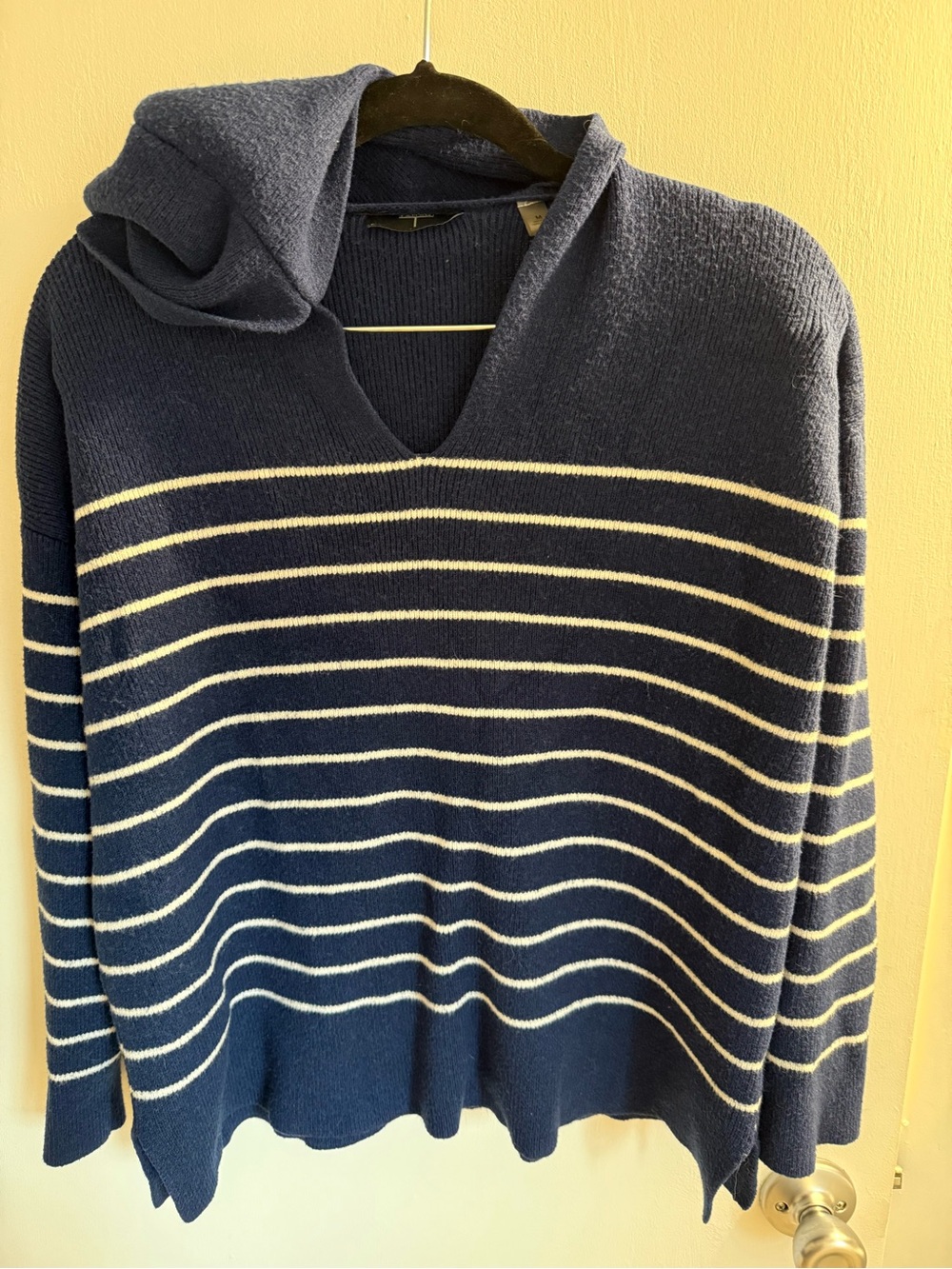 Tahari Navy V-Neck Hooded Sweater with Cream Stripes